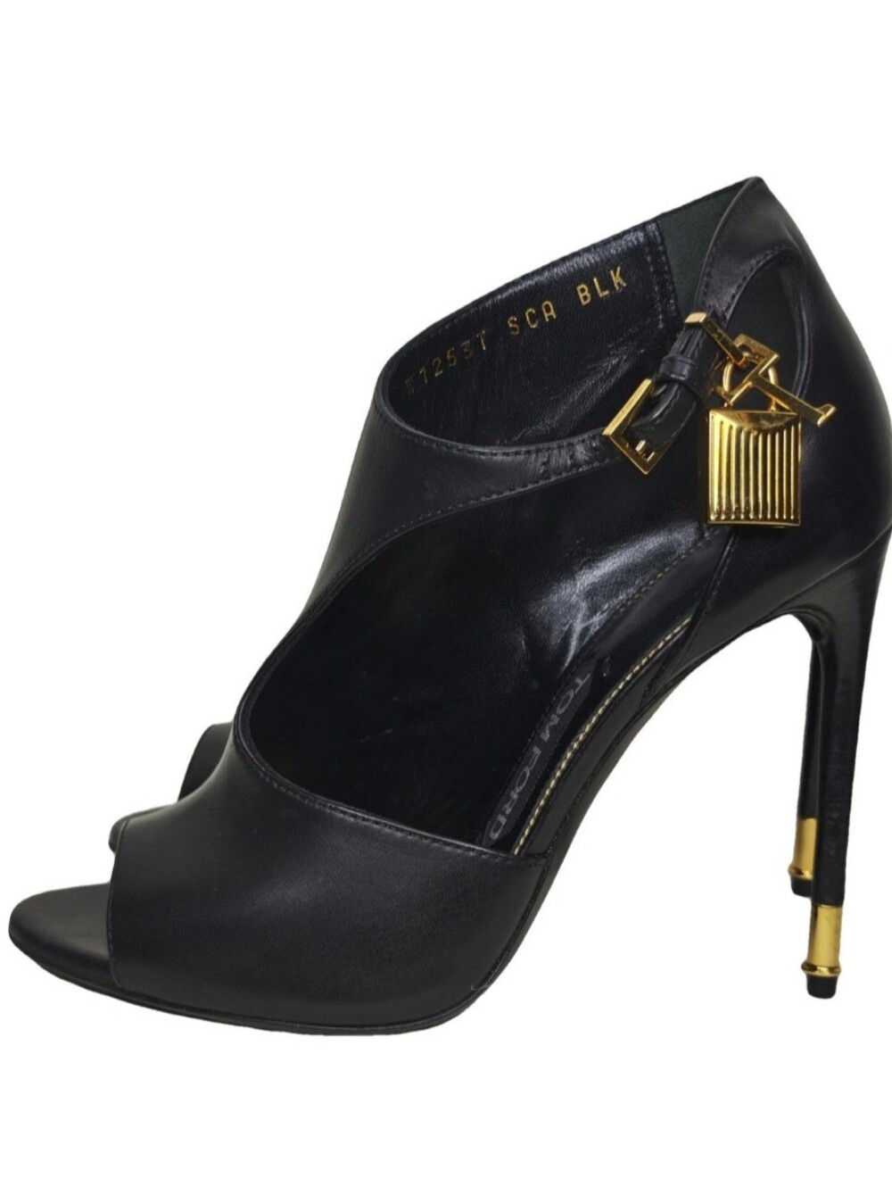 Tom Ford Black Leather Gold-Accent Peep-Toe Stiletto